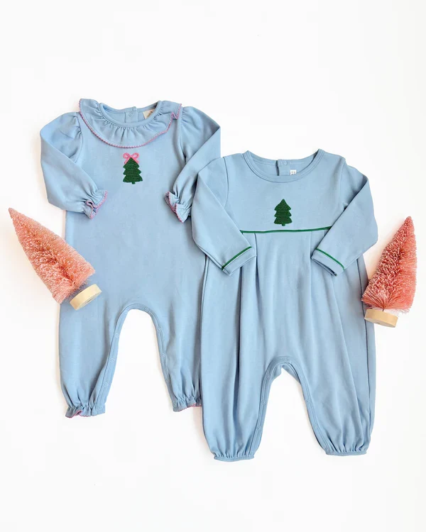 Barrington Blue Christmas Tree Long Sleeve Ramona Ruffle Romper - Image 2