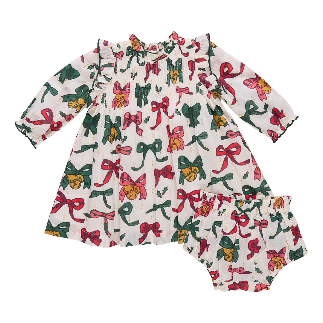 Christmas Bows and Bells Baby Girls Jaipur Dress Set