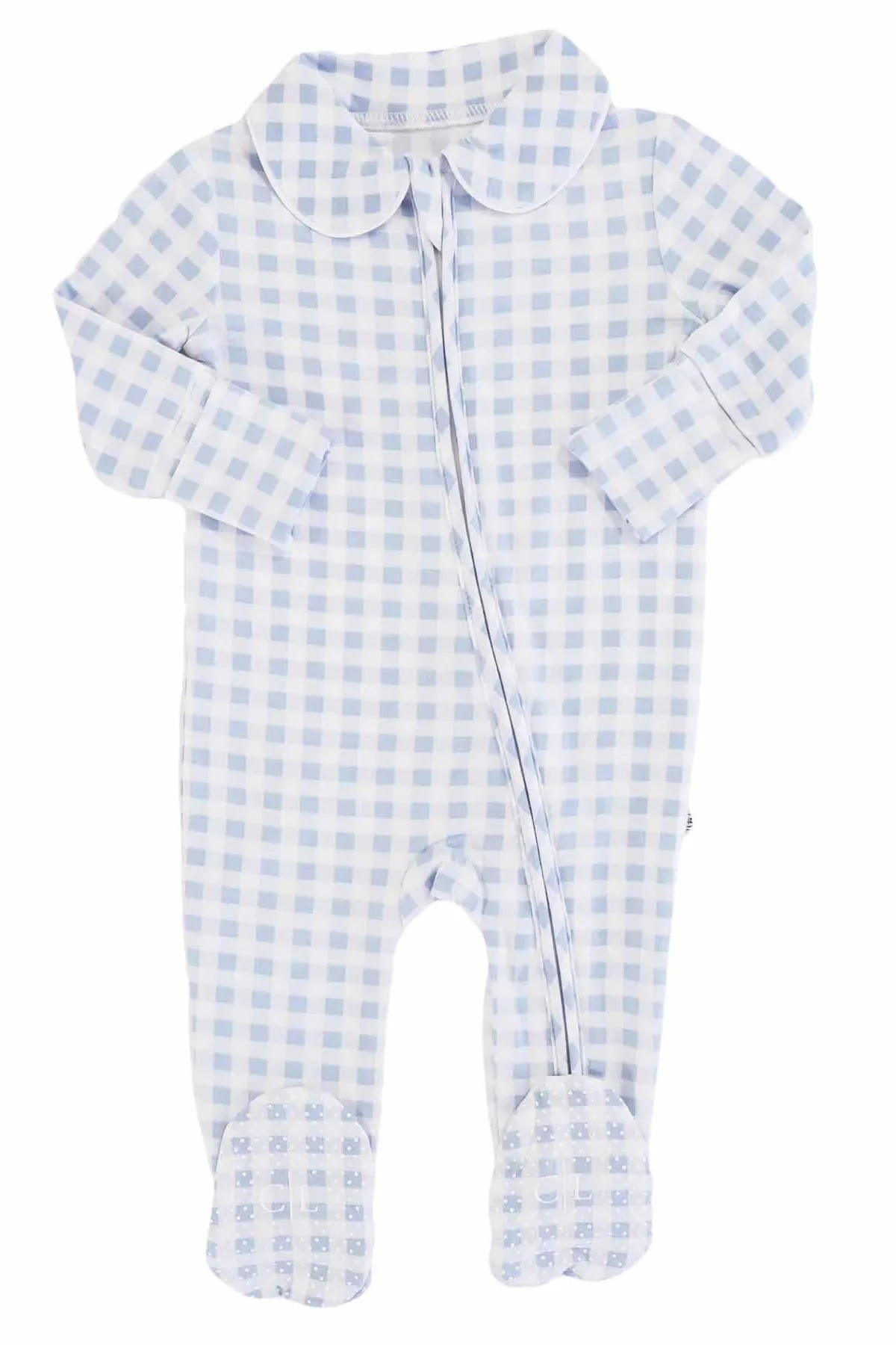 Dusty Blue Gingham Peter Pan Collar Zipper Footie