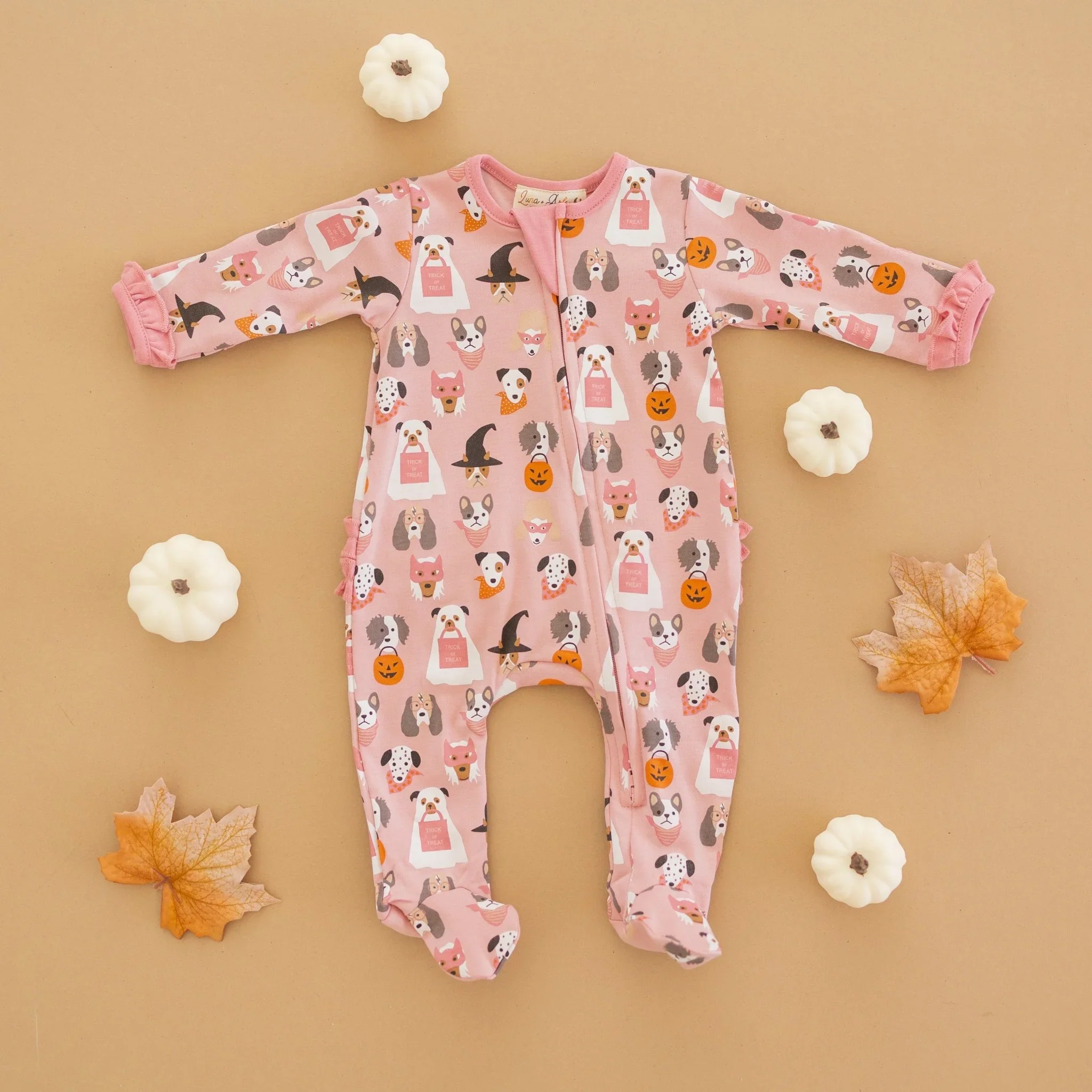 Halloween Hounds Dusty Rose Ruffle Zipper Footie