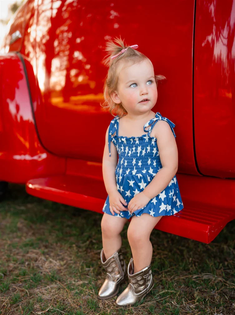 In My Jammers - Navy Stars Smocked Twirl Romper - Image 2