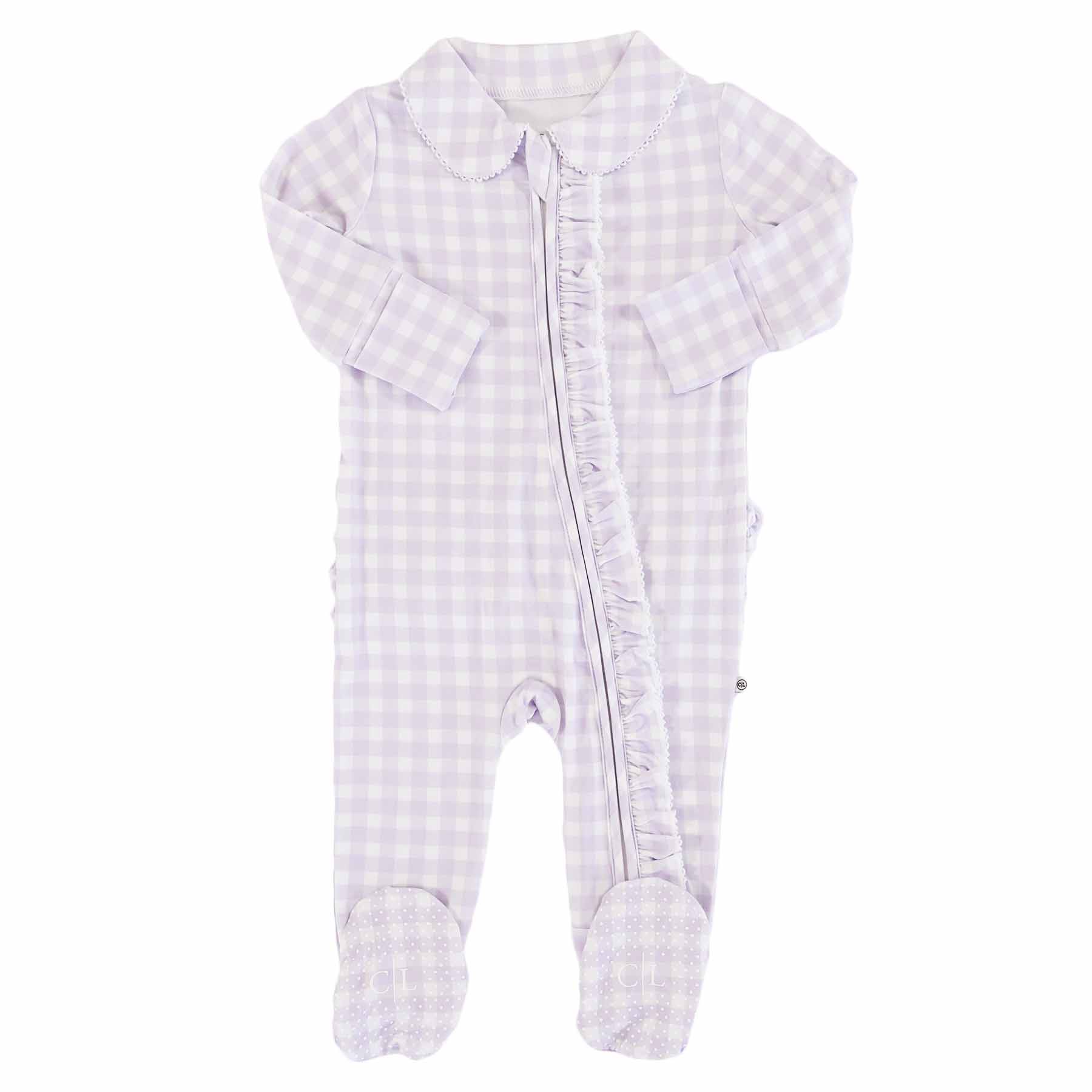Lilac Gingham Peter Pan Collar Ruffle Zipper Footie