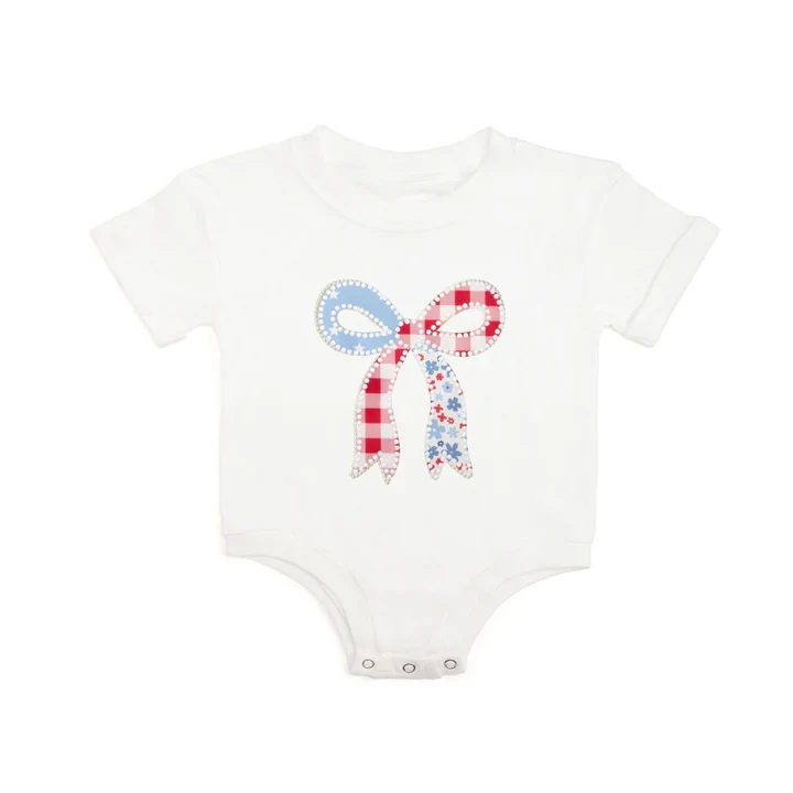 Patchwork Bow Patch Short Sleeve Romper - White