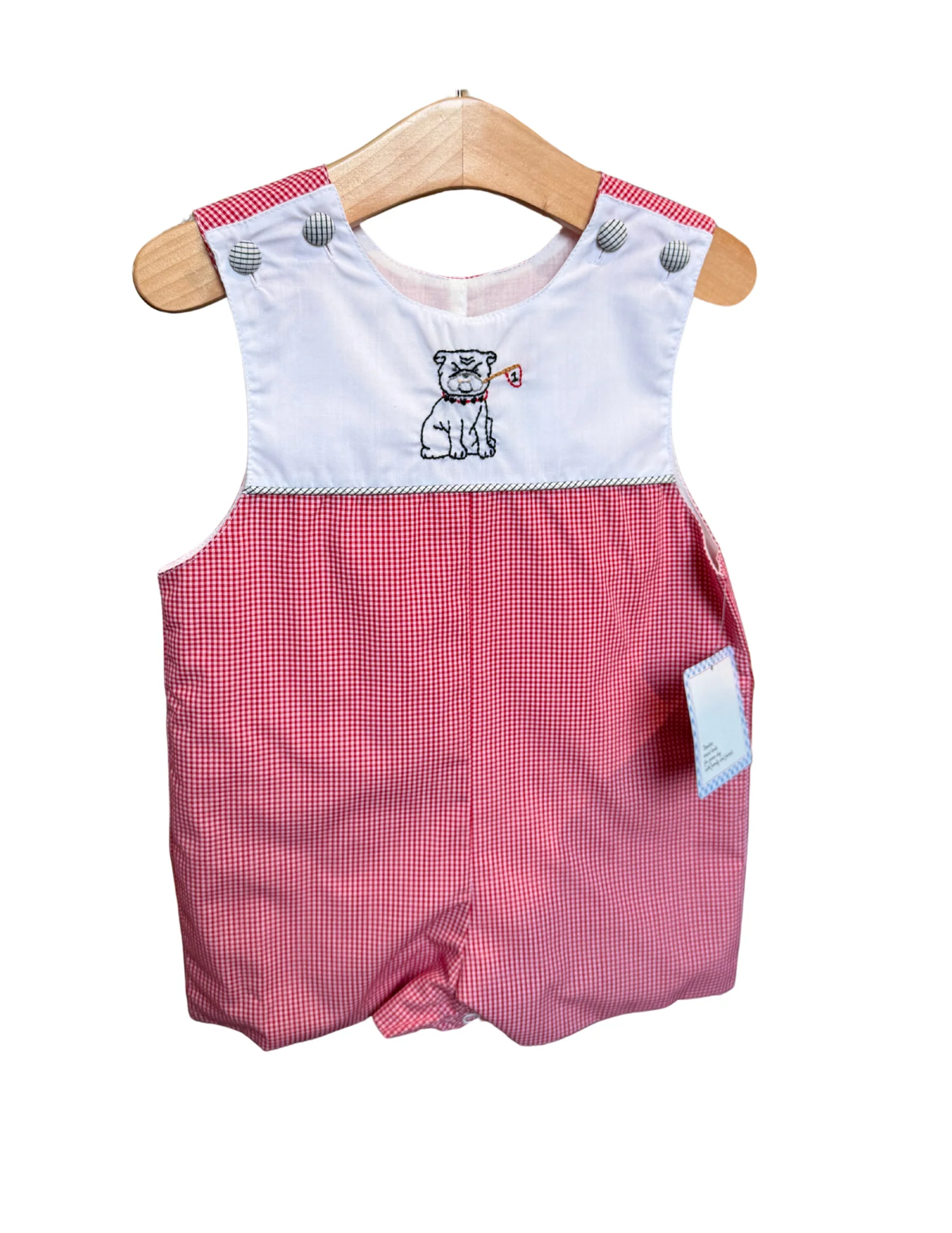 Red and White Mini Gingham Bulldog Embroidered Shortall