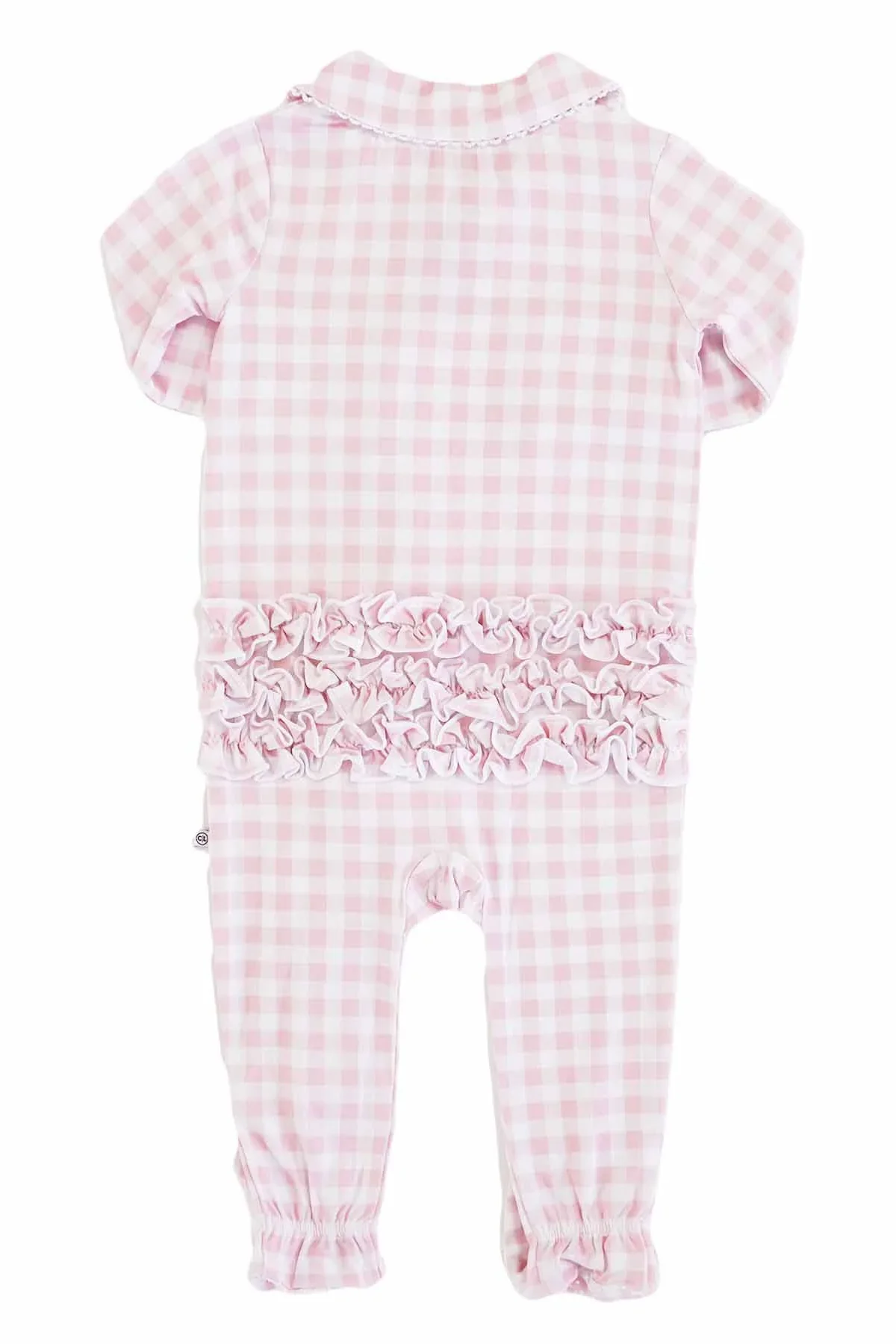 Rosy Gingham Peter Pan Collar Ruffle Zipper Footie - Image 2