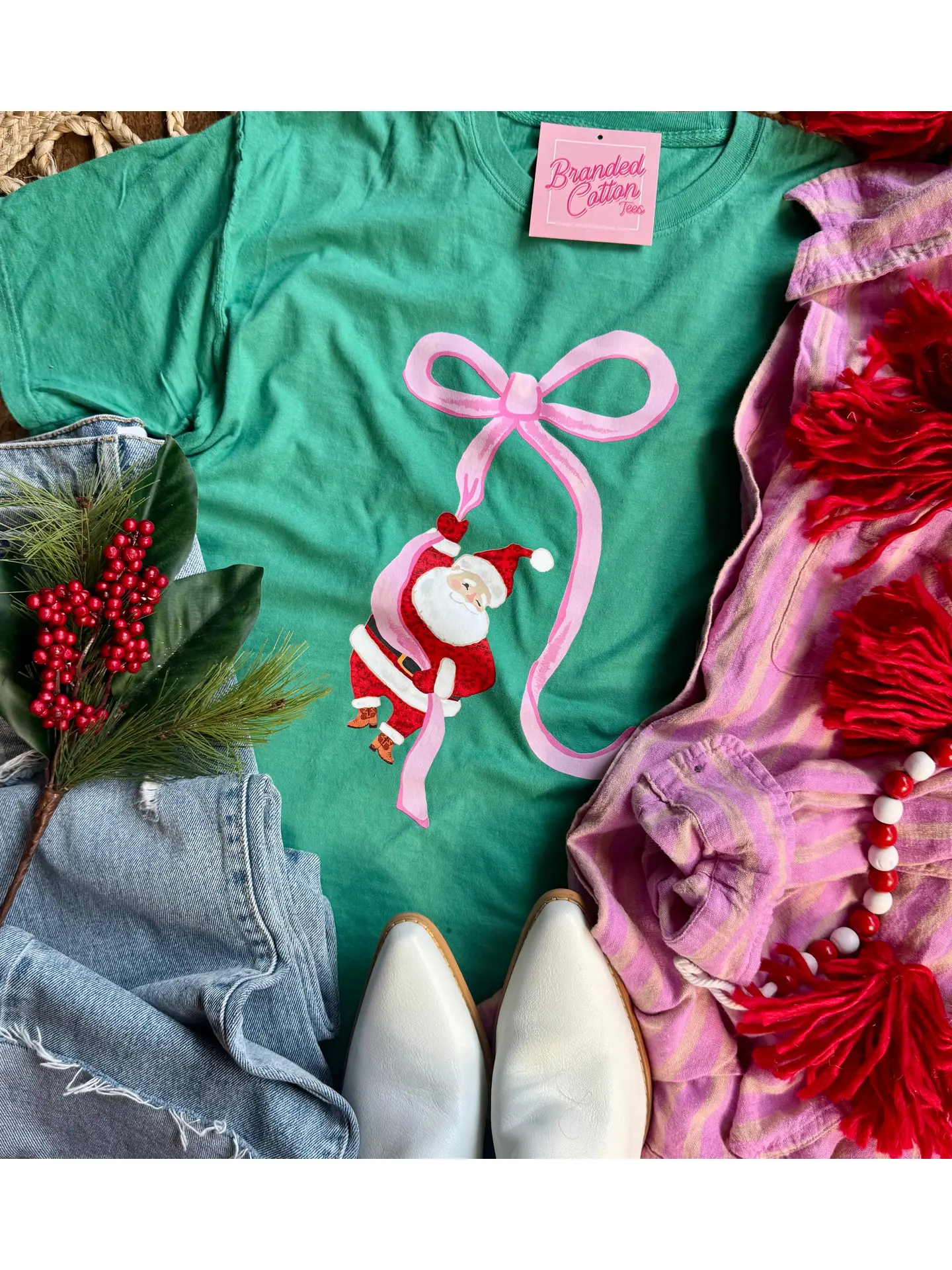 Santa Hanging by Bow Tee