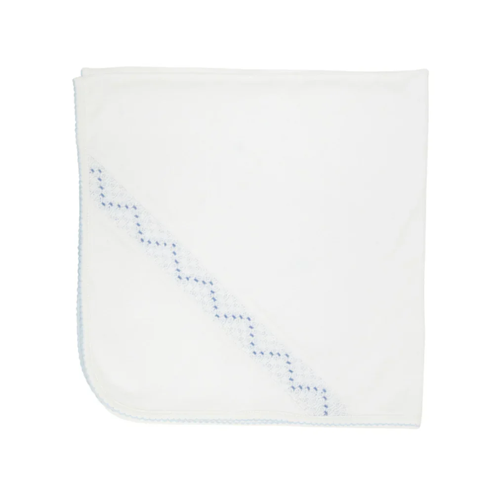 The Beaufort Bonnet Company - Sweetly Smocked Blessing Blanket Worth Avenue White with Buckhead Blue